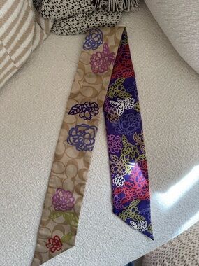 Coach Reversible Floral Silk Twilly in Tan and Purple